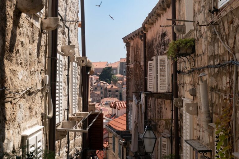 A narrow alleyway leads to a city view.